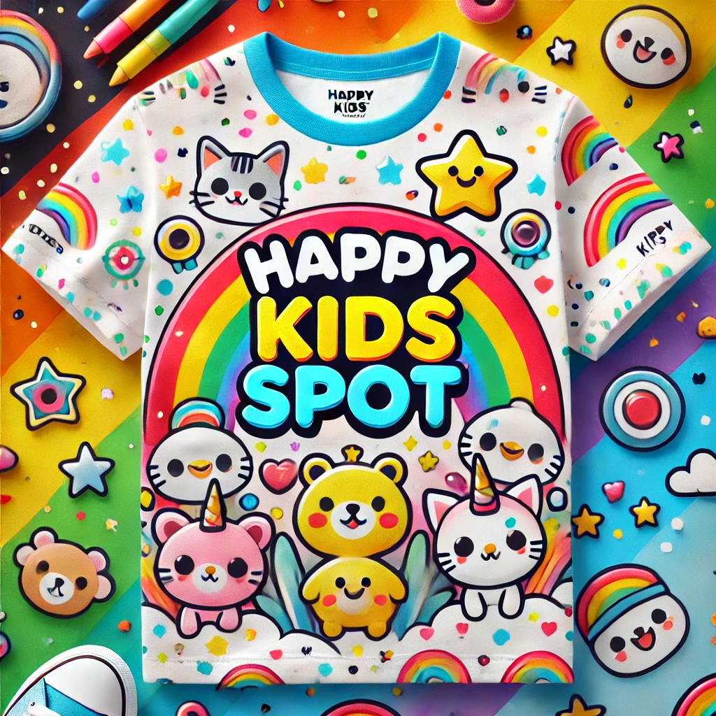 Desain baju anak ceria Happy Kids Spot dengan pola warna-warni, karakter kartun lucu, dan logo yang mencolok.