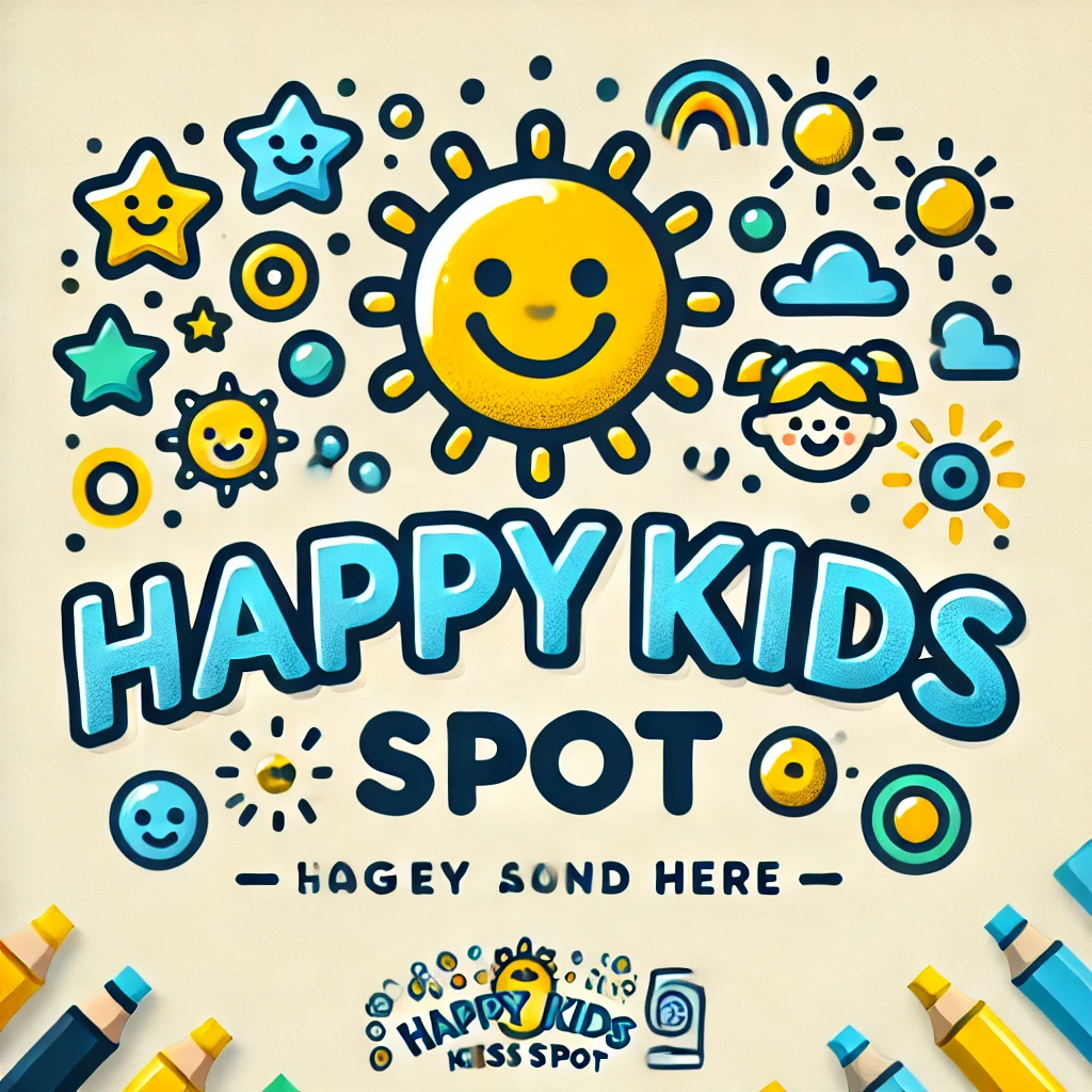 Logo modern dan ceria untuk Happy Kids Spot dengan elemen warna-warni, ikon bintang, dan font ramah anak